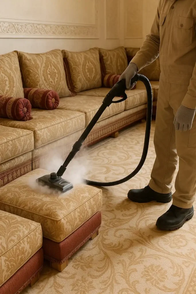 شركة تنظيف مجالس - سجاد وكنب في أبوظبي – المزن كلين أثناء التنظيف بالبخار